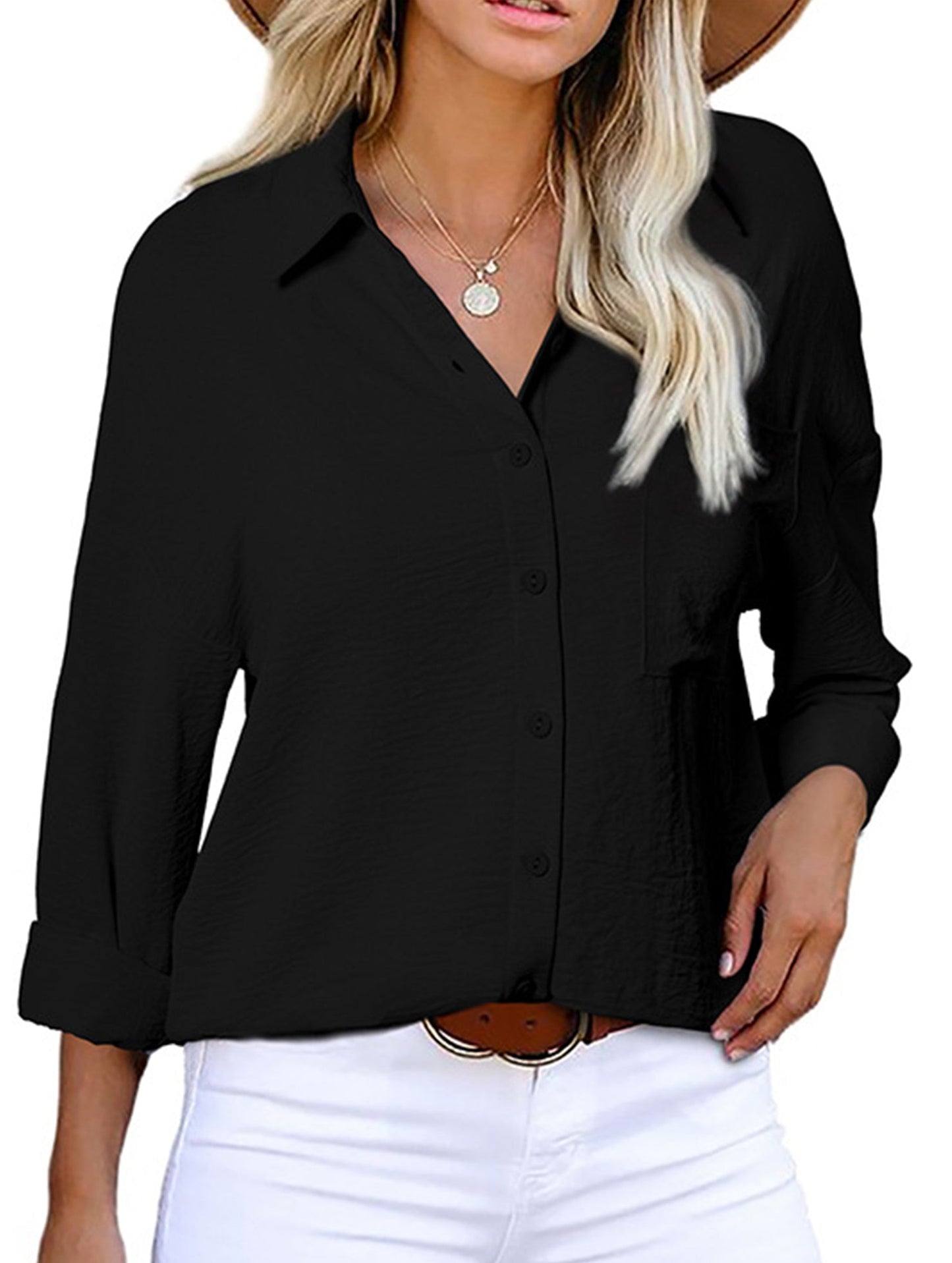 Casual versatile color-block long-sleeved shirt