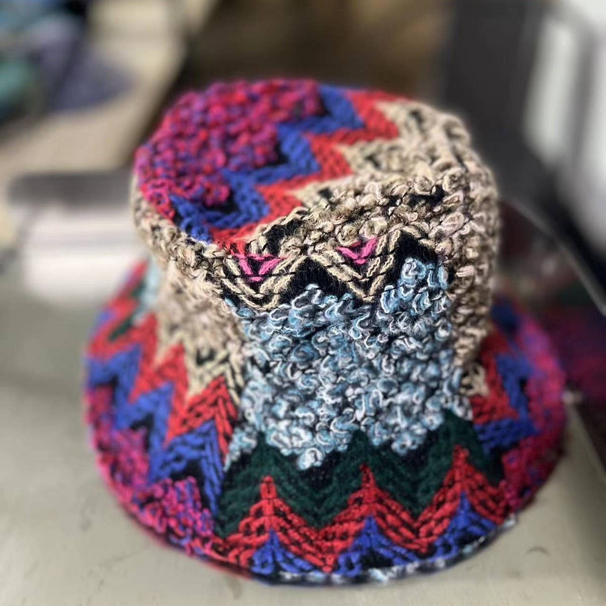 CWAH2213_ETHNIC RETRO COLOR MATCHING KNITTED BUCKET HAT