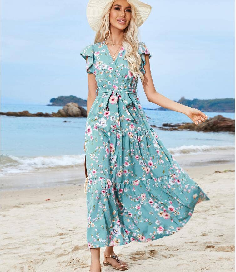 Printed floral strap V-neck short sleeve dress