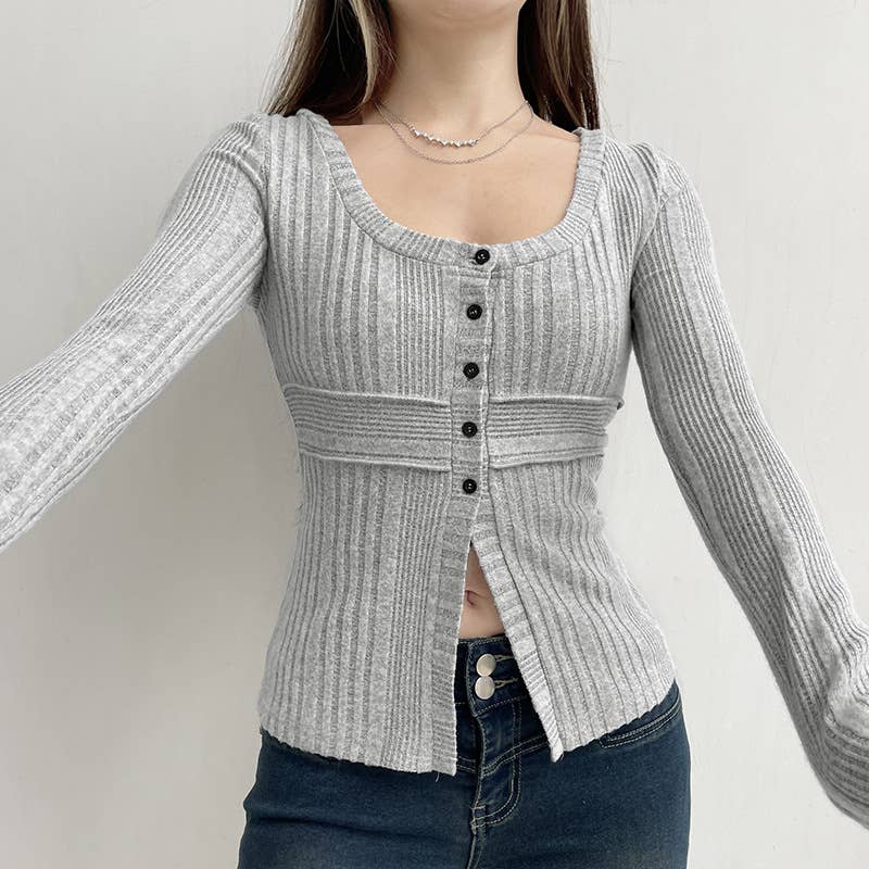 SOLID COLOR BASIC KNIT BUTTON SLIT SLIM T-SHIRT