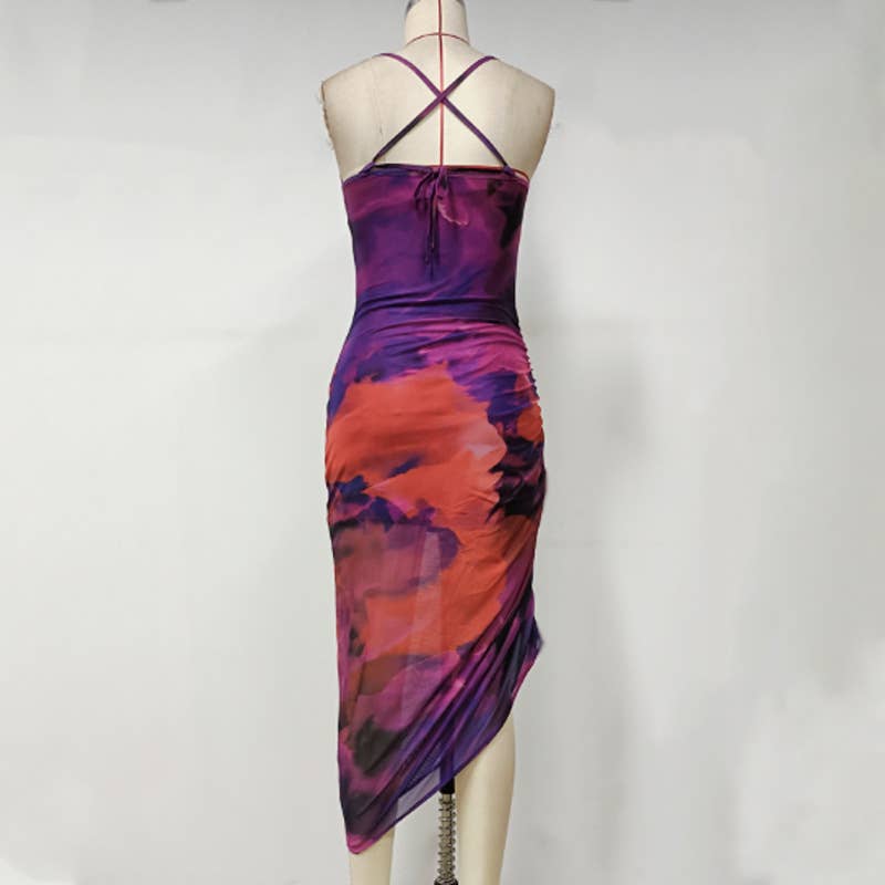 TIE-DYE DRAWSTRING SLIM MESH HALTER MIDI DRESS