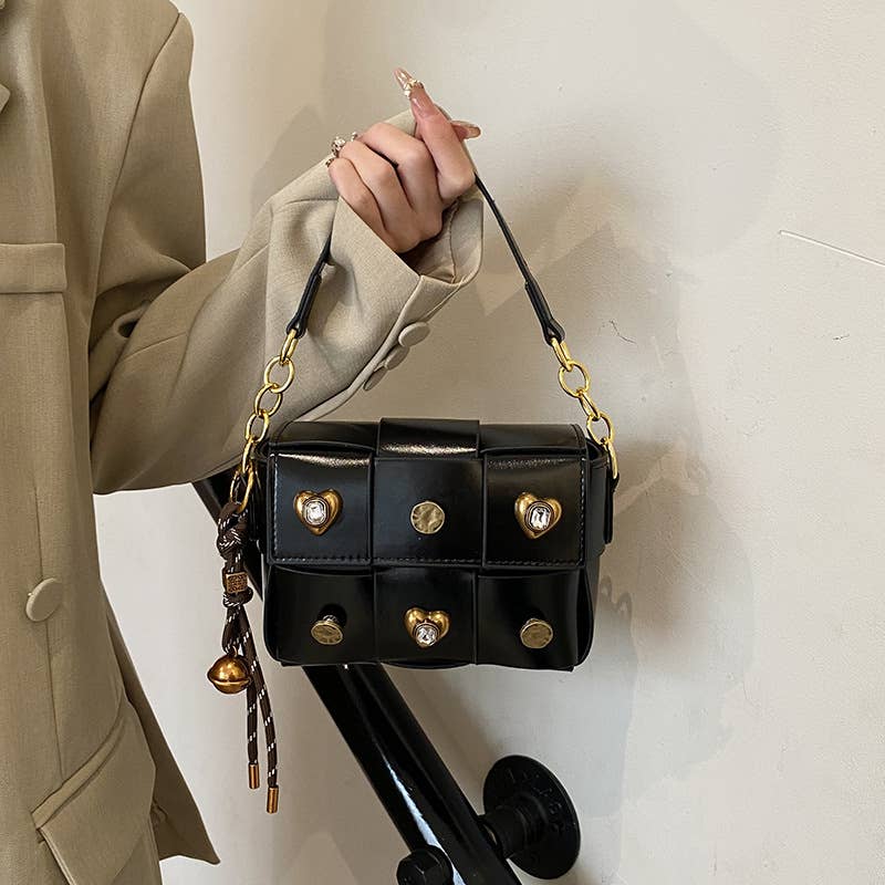 Fashionable spliced crossbody riveted square bag
