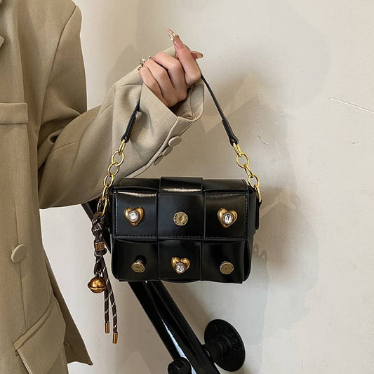 Fashionable spliced crossbody riveted square bag