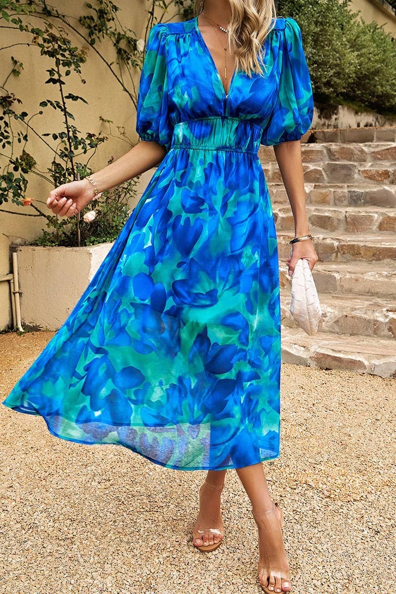 CWDMD0999_Deep V-Neck Short Sleeve Floral Print Dresses