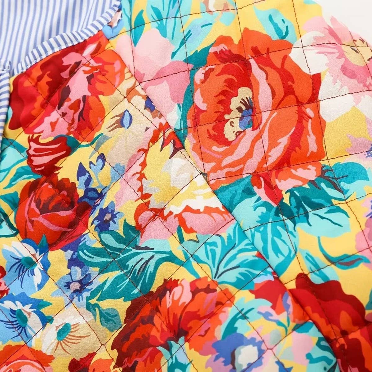 FLORAL PRINT CREW NECK PUFF SLEEVE QUILTED JACKETS