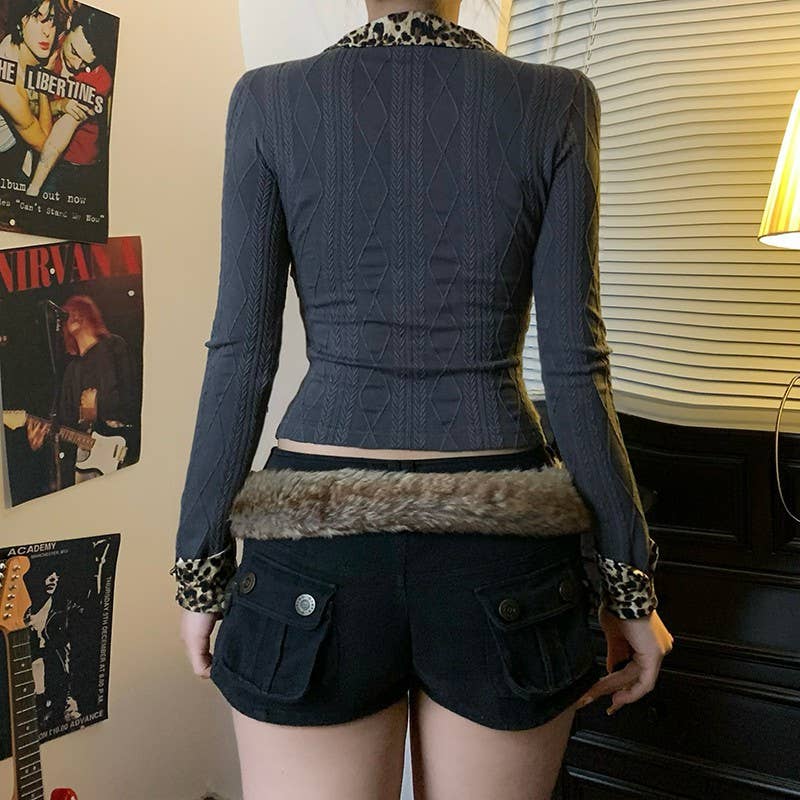 LEOPARD PRINT SUIT COLLAR LONG SLEEVE T-SHIRT