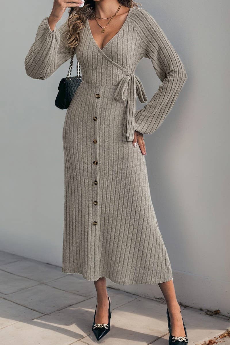 CWDMD4798_AUTUMN AND WINTER V-NECK A-LINE KNITTED MIDI DRESS
