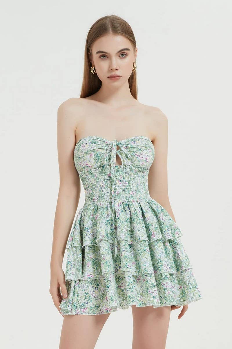 CWDHL1031_FLORAL HALTER WAIST RUCHED PUFF ROMPER DRESS