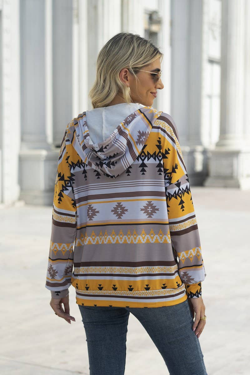WOMEN AZTEC PRINTING DRAWSTRING WESTERN HOODIE_CWOHOL0177