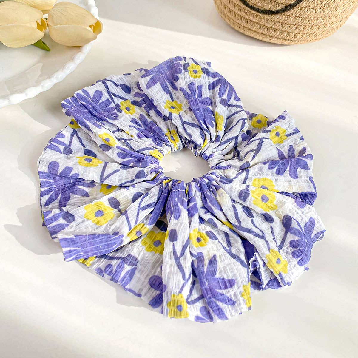 Large pleated floral intestine style hair ties