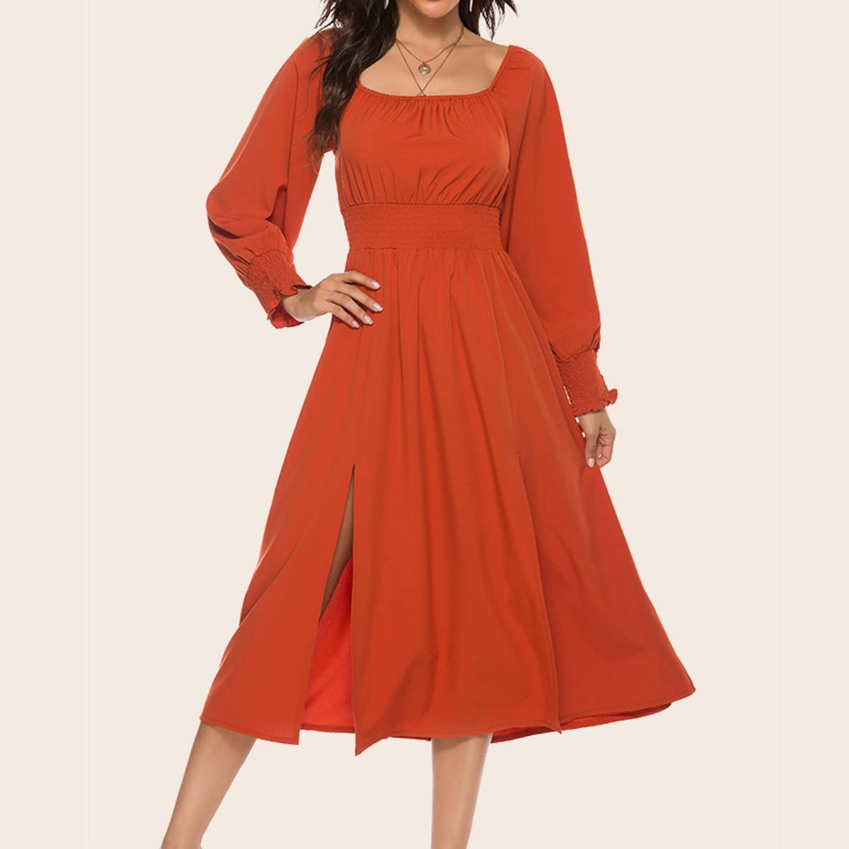 Fashion square collar waist long-sleeved dress
