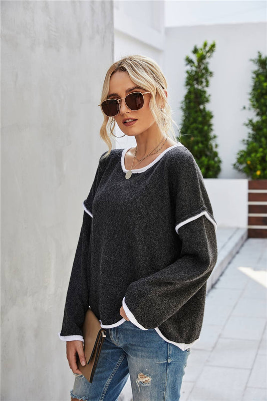 Solid color loose patchwork pullover all-in-one sweater