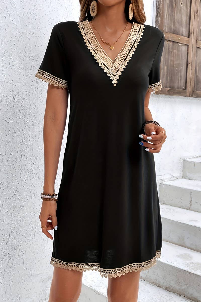 CWDSD7861_LACE V-NECK SHORT SLEEVES KNIT A-LINE DRESS