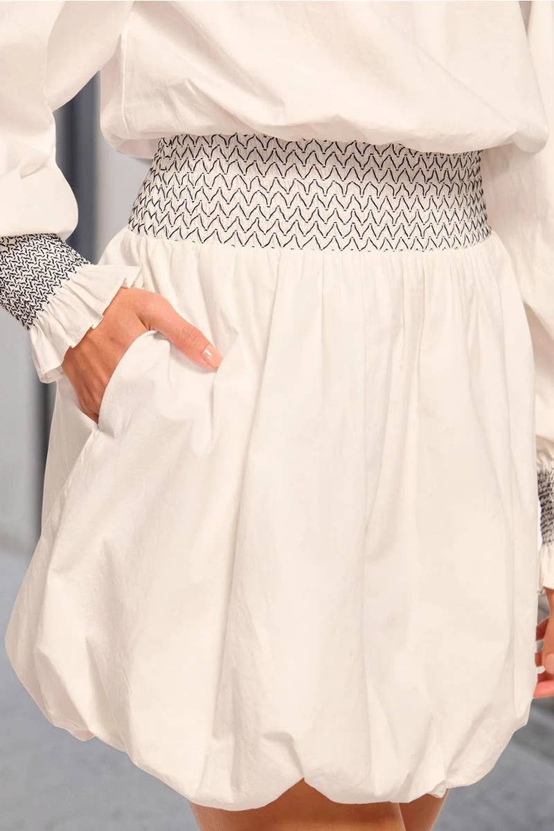 CWDSD8799_OFF SHOULDER PUFF SLEEVE COLORBLOCK FLARE DRESS