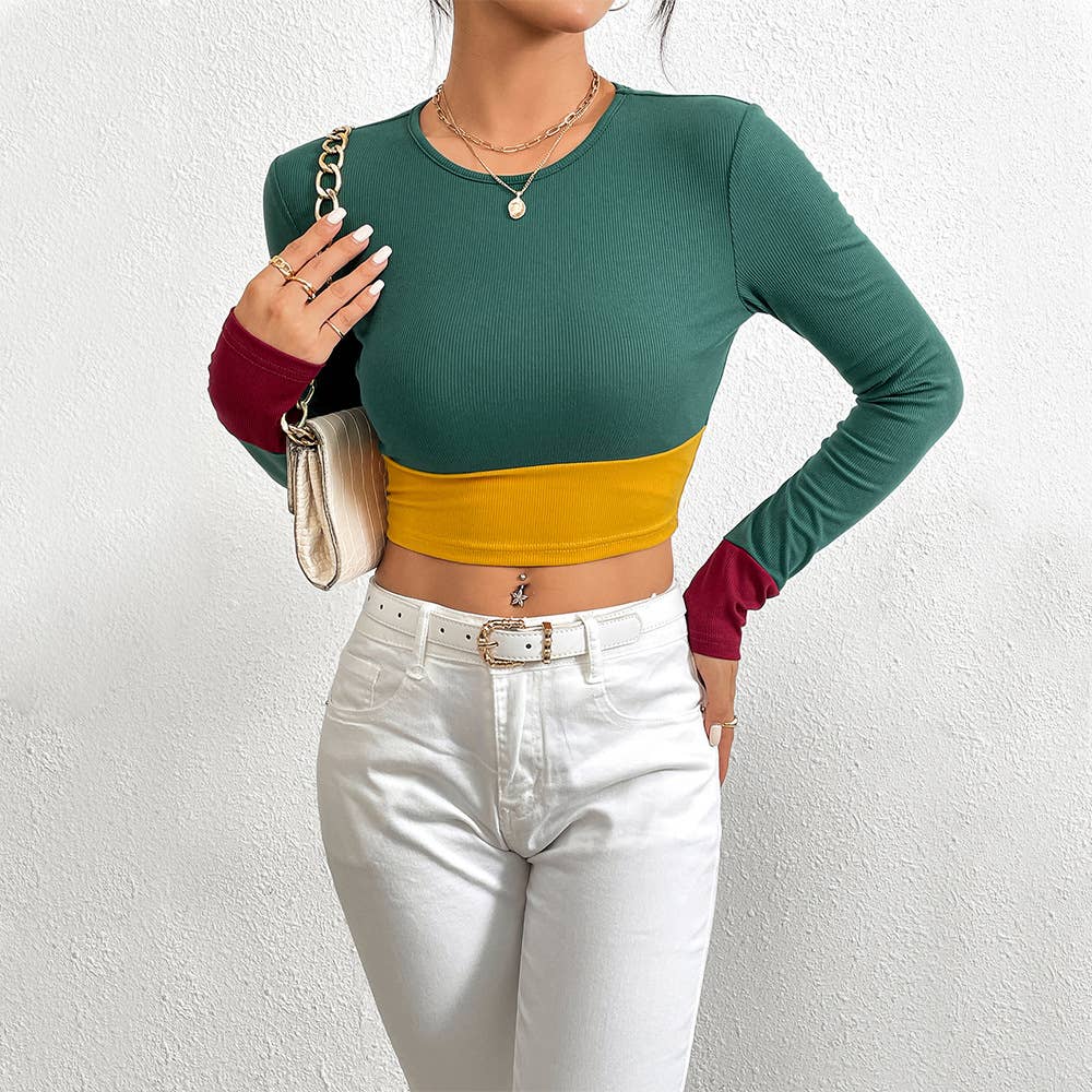 SLIM ROUND NECK SHORT PATCHWORK COLOR T-SHIRT
