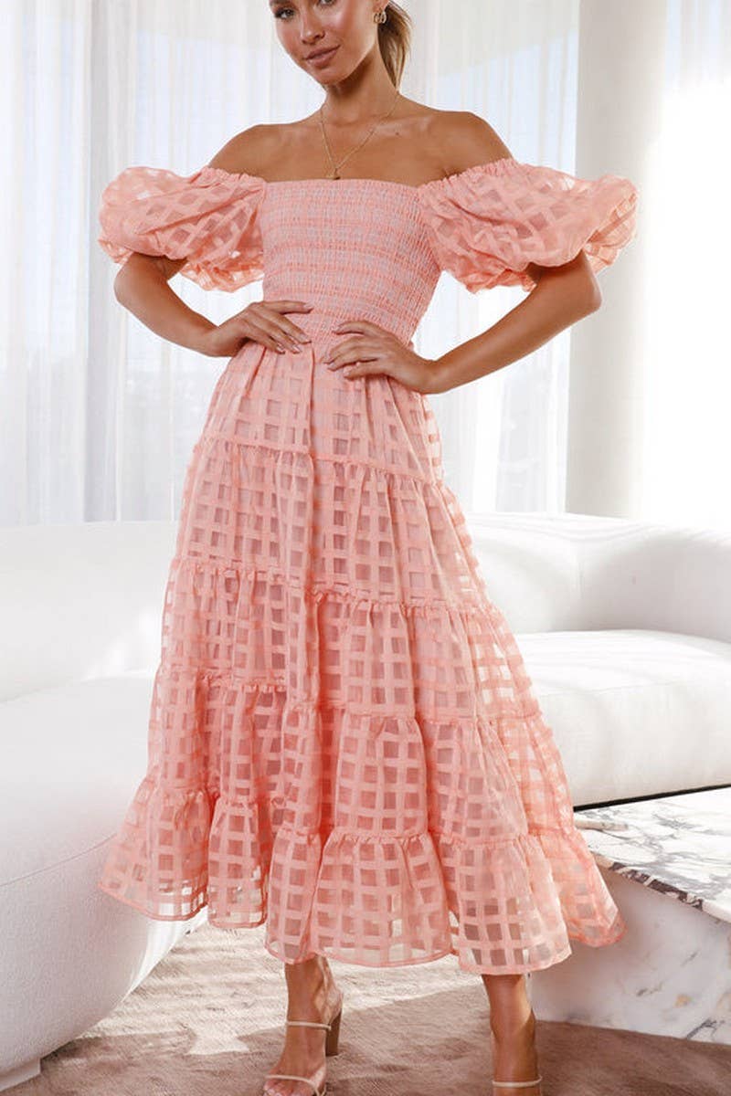 CWDMD5648_OFF SHOULDER LANTERN SLEEVE TIERED RUFFLE DRESS