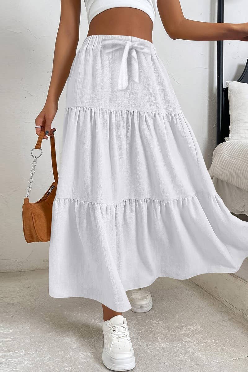CWBLS0559_BOW WAIST TIERED SOLID MIDI SKIRT