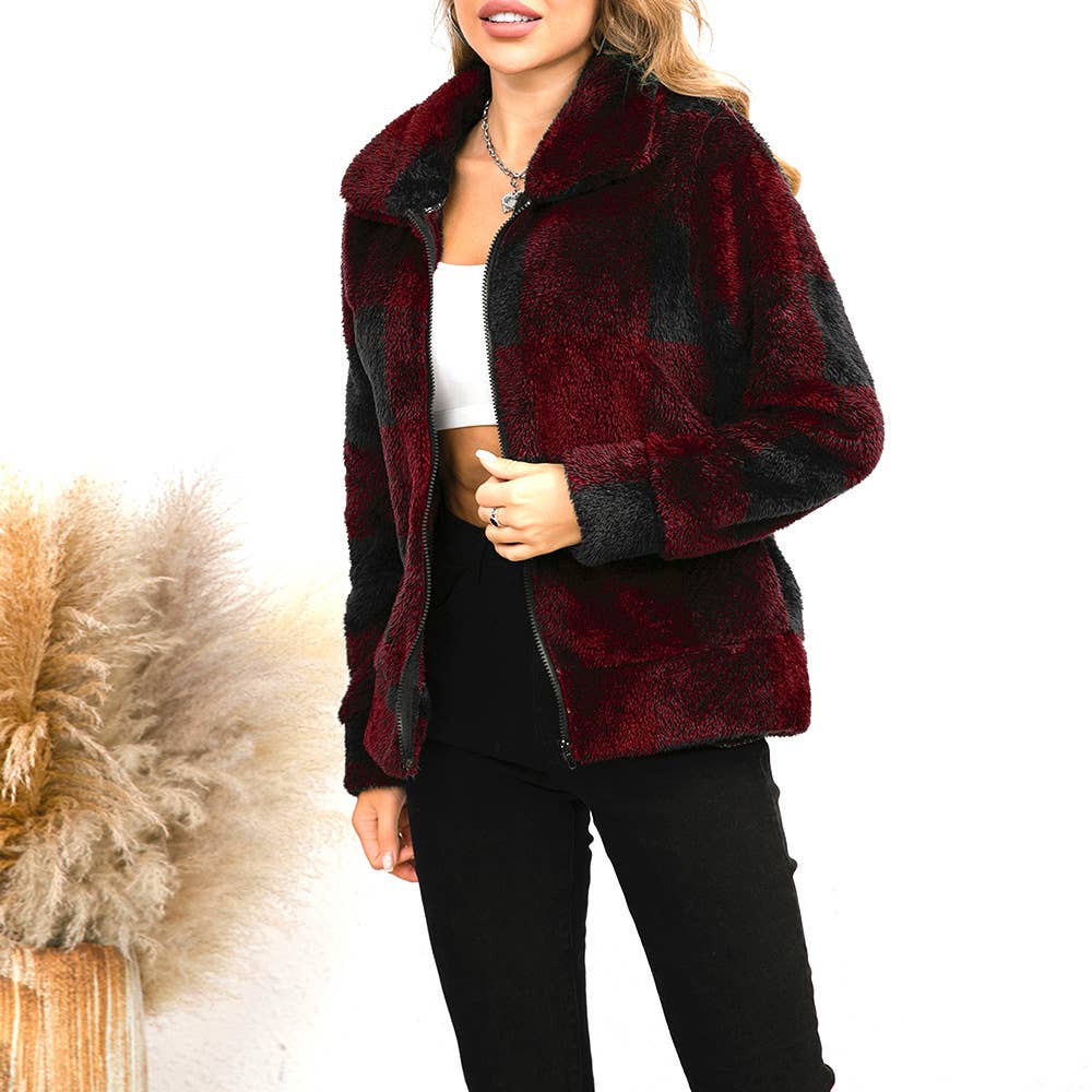 LAPEL LONG SLEEVE BAGGY CASHMERE PLAID JACKET
