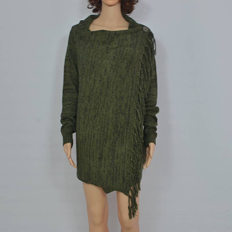 Solid color swing collar fringe mid-length sweater