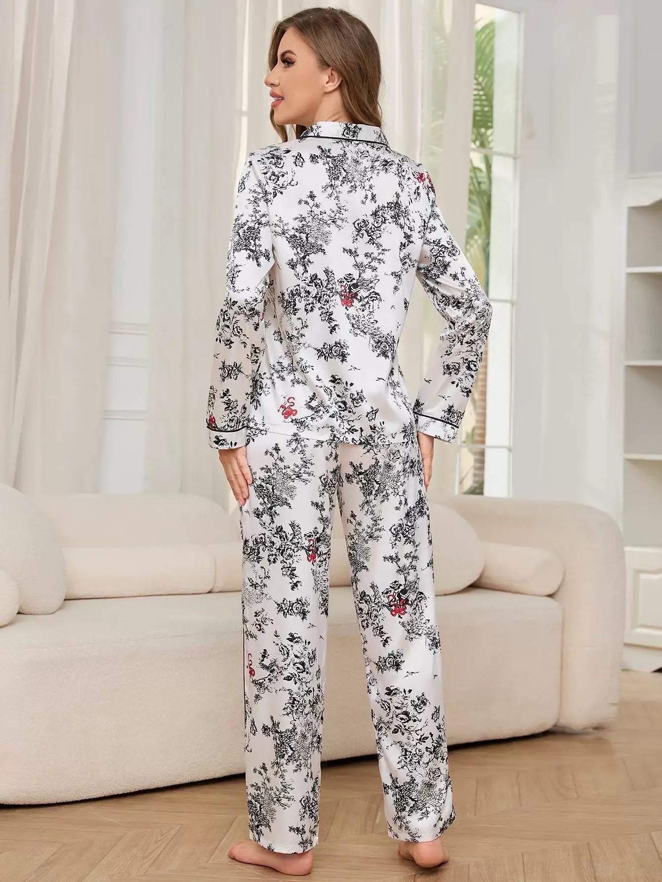 IMITATION SILK LONG SLEEVE TROUSERS HOME SUIT