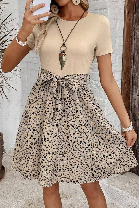 CWDSD10535_SUMMER COLORBLOCK ROUND NECK FLORAL DRESS