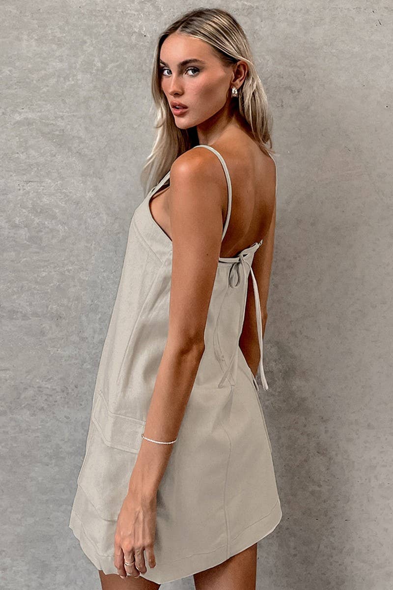 CWDSD6751_SOLID COLOR SLING POCKET BACKLESS DRESS