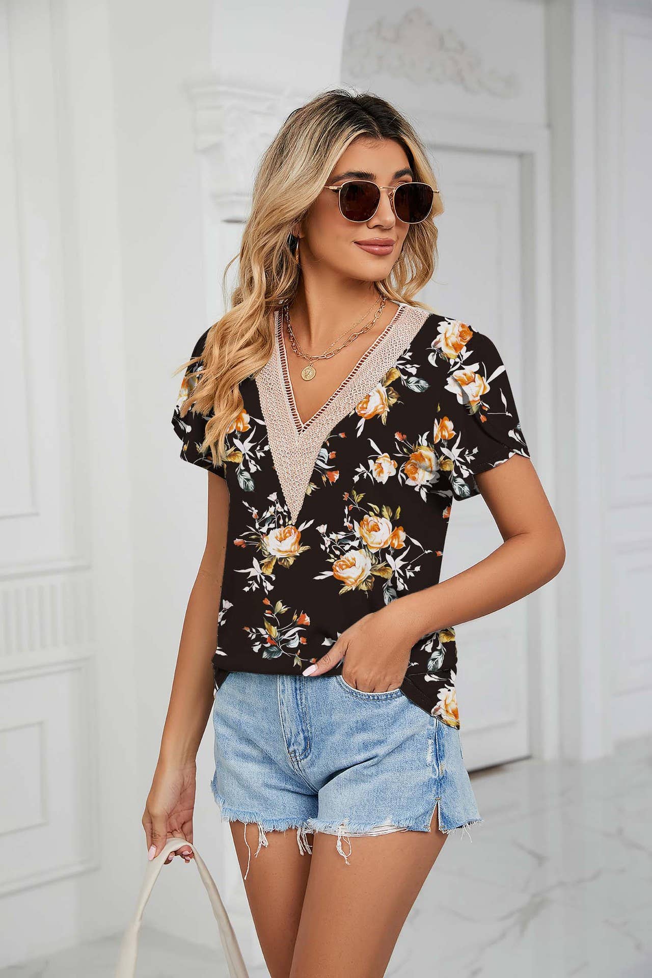 V-neck printed petal-sleeve loose pullover shirt