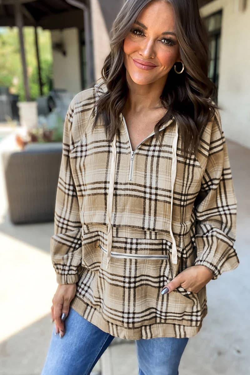 CWOHOL1043_HOODED PLAID POCKET LONG-SLEEVED HOODIE