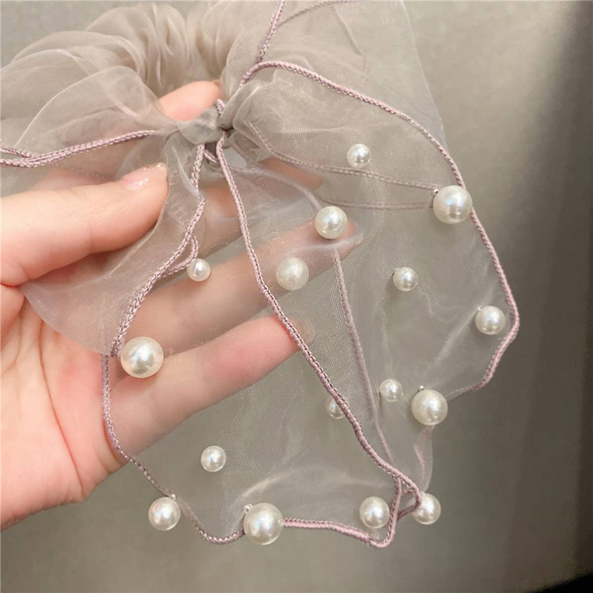 SIMPLE MESH PEARL BEAD BOW HAIR ROPE_CWAHA1099