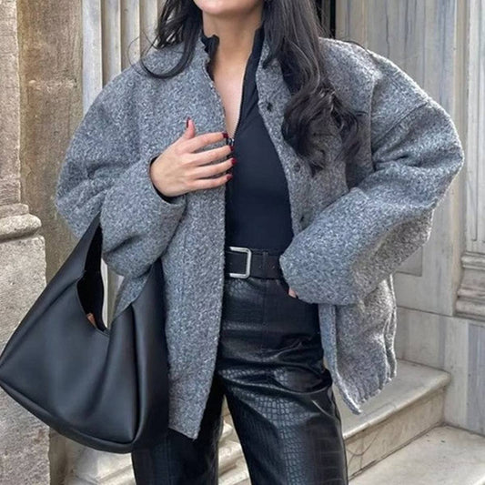 SOLID COLOR STAND COLLAR SINGLE BREASTED COAT