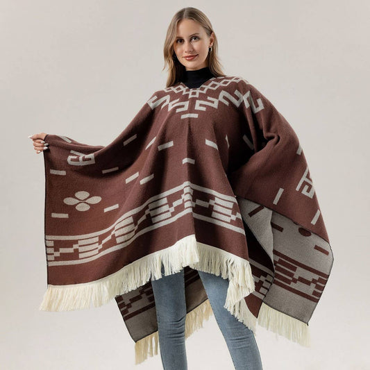 FRINGED PULLOVER CAPE CLOAK WARM KNITTED SHAWL