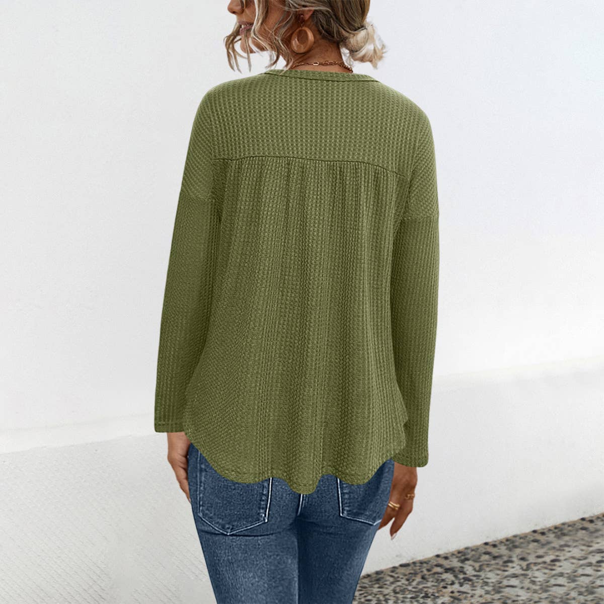 Half-Breasted Check Solid Color Long-Sleeved Top