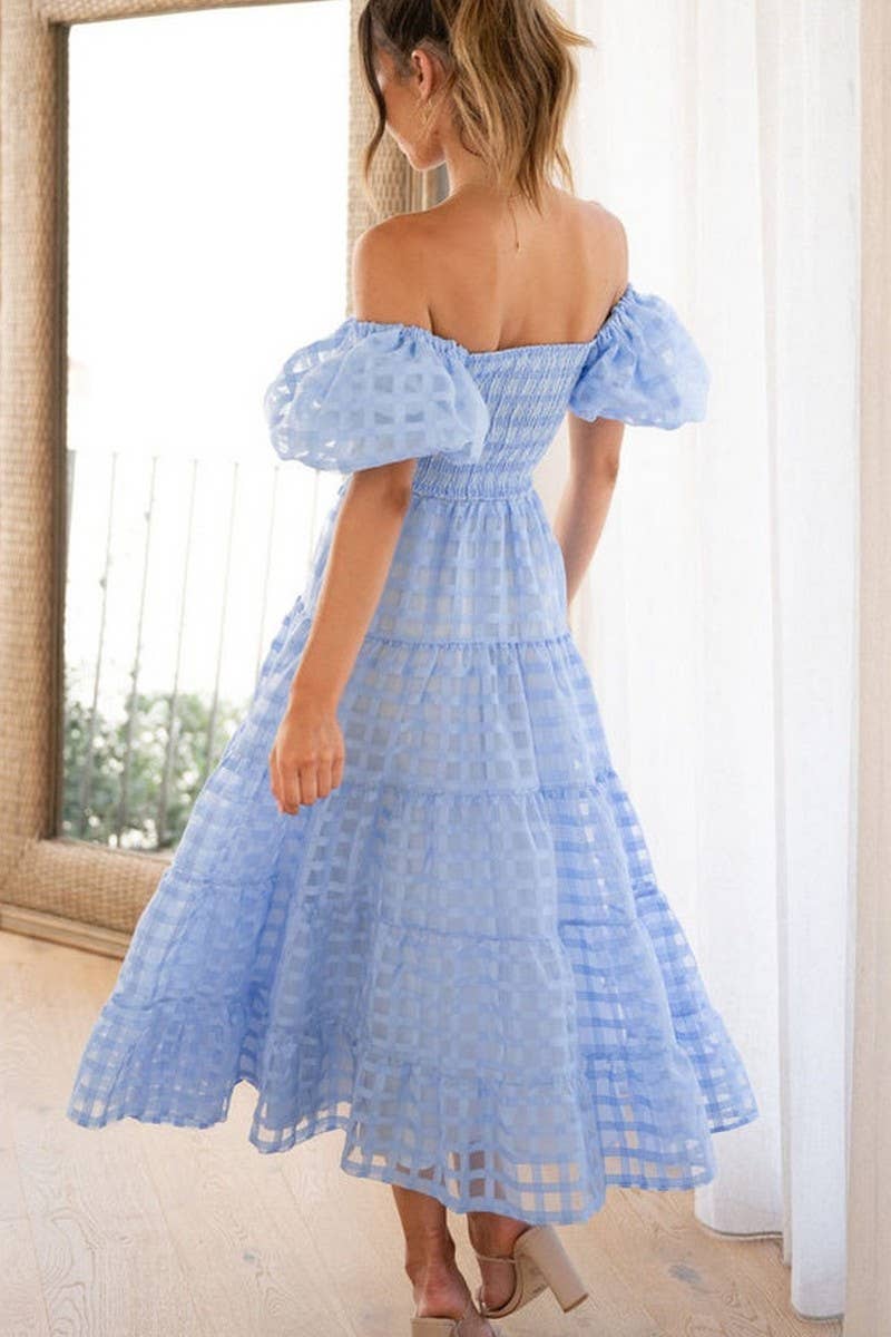 CWDMD5648_OFF SHOULDER LANTERN SLEEVE TIERED RUFFLE DRESS