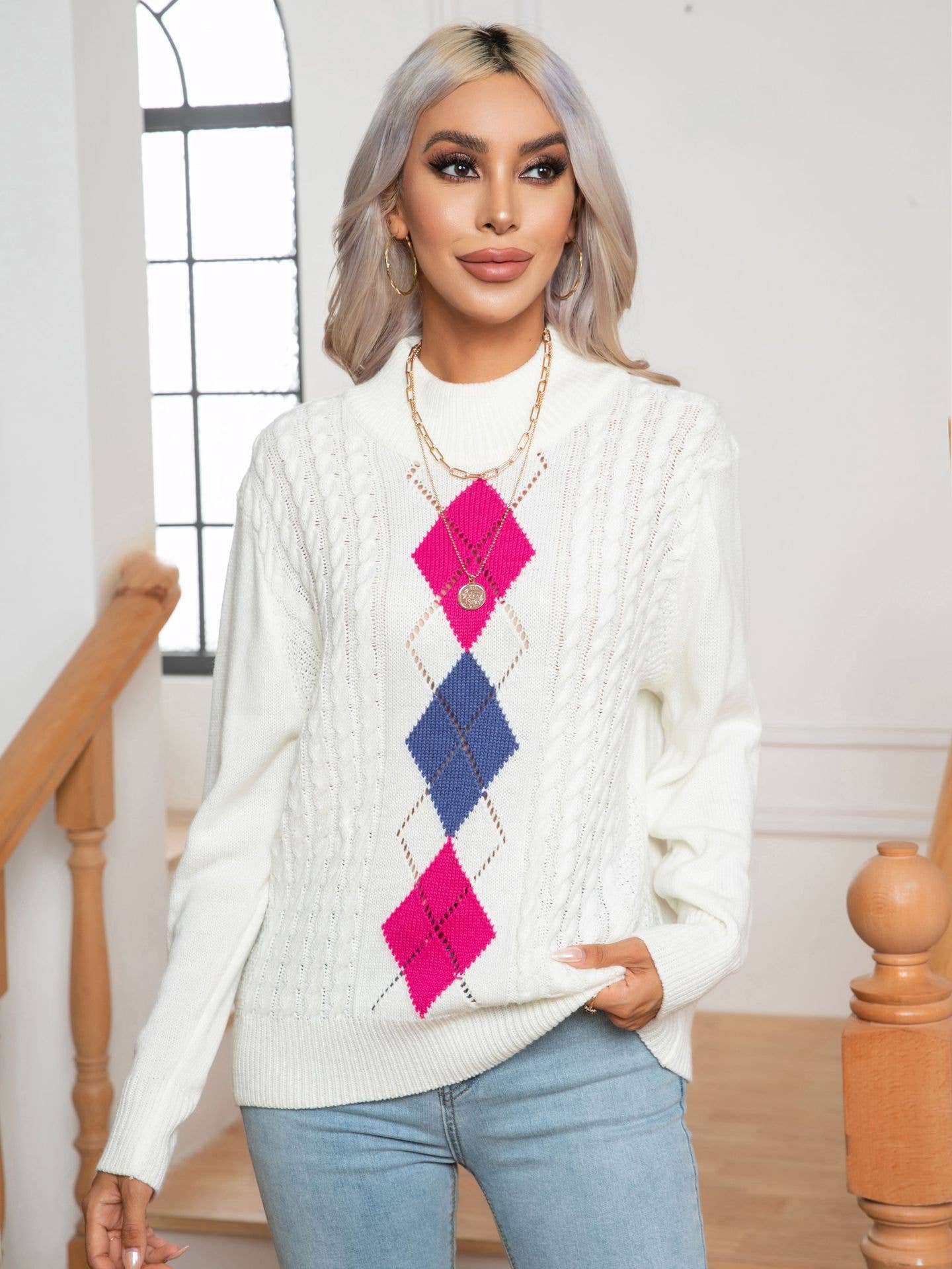 Hollow diamond check long-sleeved knit sweater