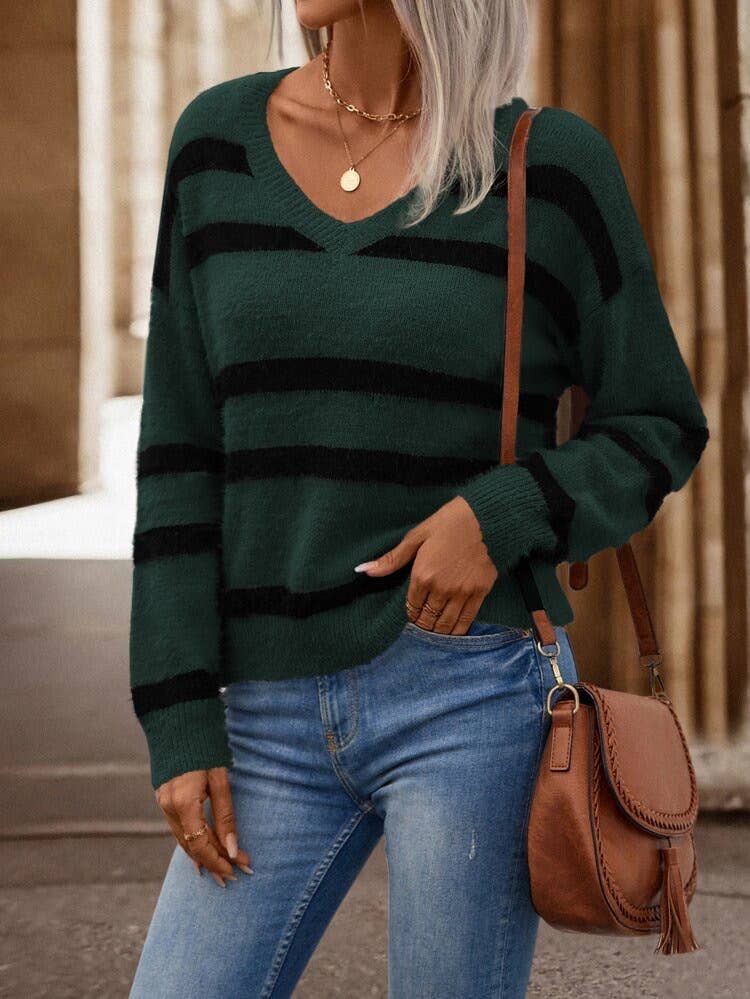 VINTAGE STRIPED LOOSE V-NECK PULLOVER SWEATER