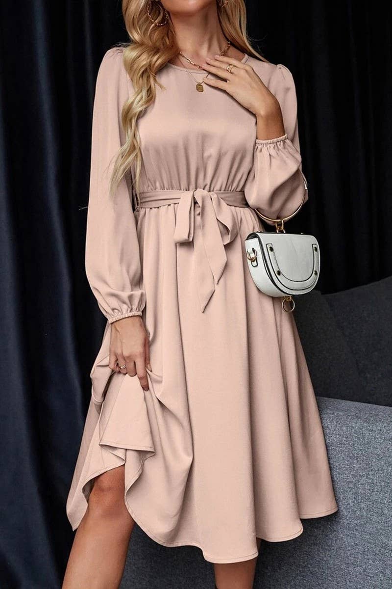 CWDMD5771_BALLOON SLEEVE KEYHOLE TIE BACK SATIN DRESS