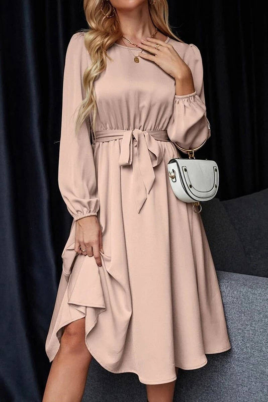 CWDMD5771_BALLOON SLEEVE KEYHOLE TIE BACK SATIN DRESS