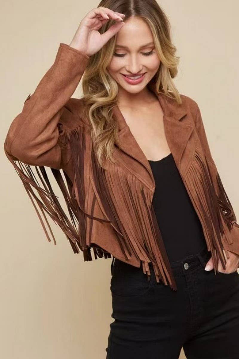 CWOCAL2295_AUTUMN WOMEN'S SHORT SLIM FIT FRINGE COAT