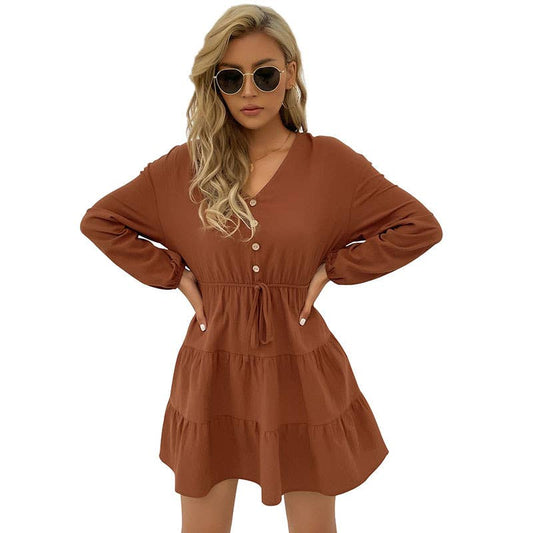 SOLID COLOR LACE-UP SLIM DRESS WITH LARGE SKIRT