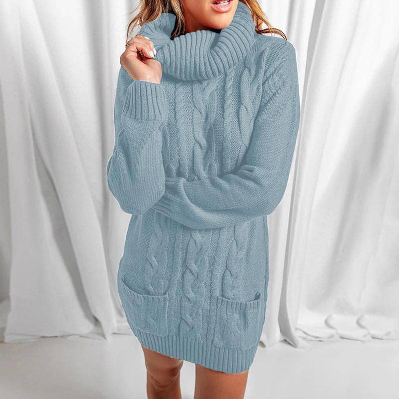 TURTLENECK SOLID COLOR CREW-NECK SWEATER DRESS