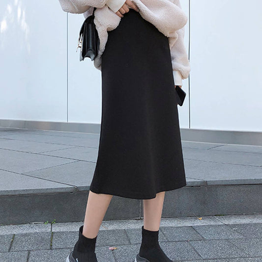 SPLIT WOOLEN LONG HIP WRAP SKIRT