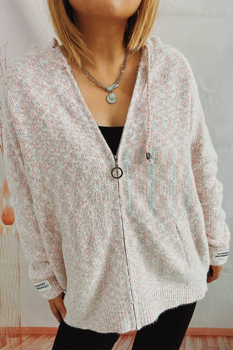 Hooded drawstring zipper pocket knit cardigan