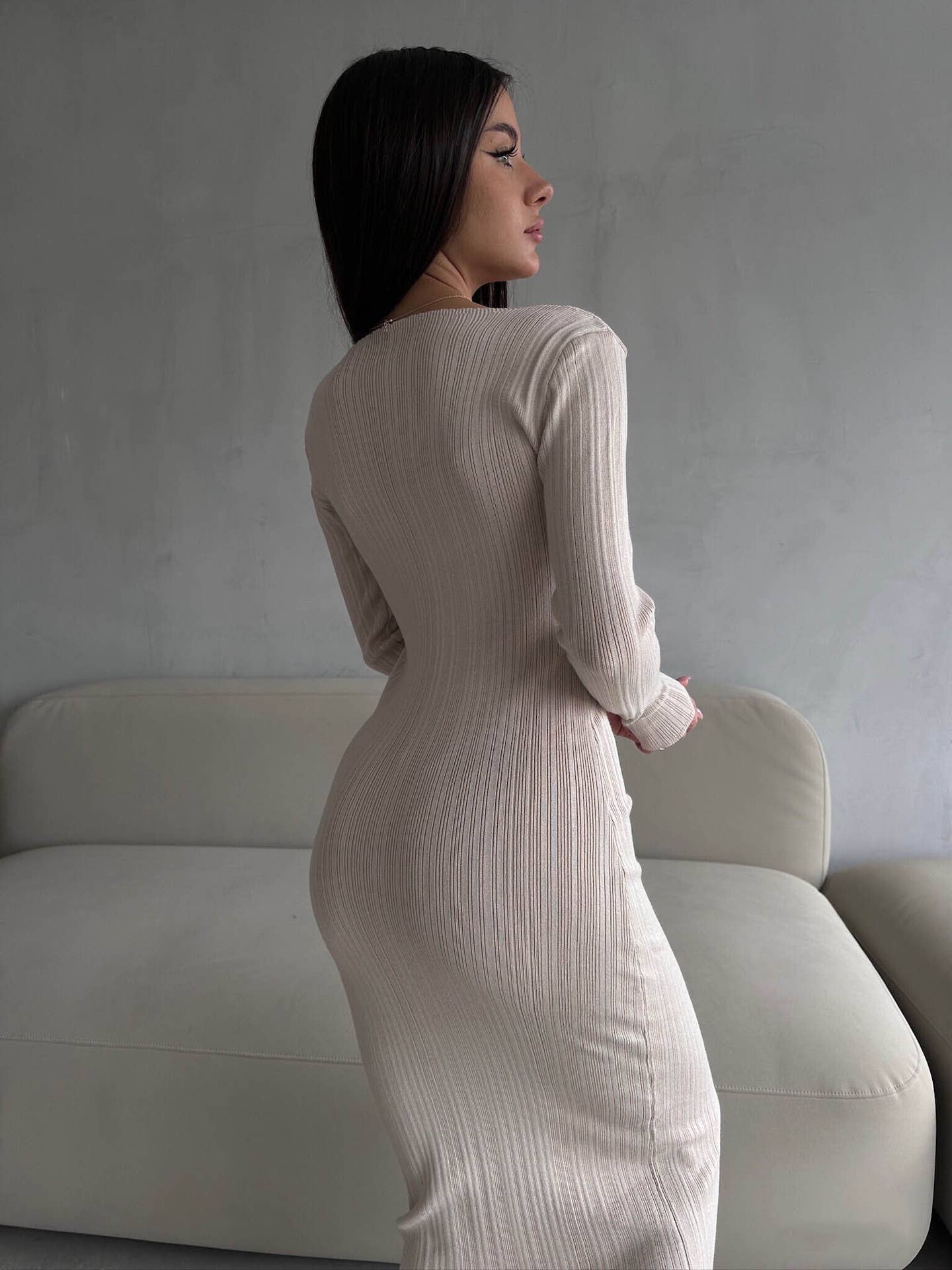 SOLID COLOR ROUND NECK PIT STRIP SLIMMING DRESS
