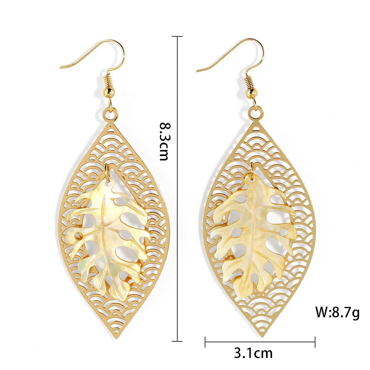 HOLLOW YELLOW SHELL LEAF CARVED EARRINGS