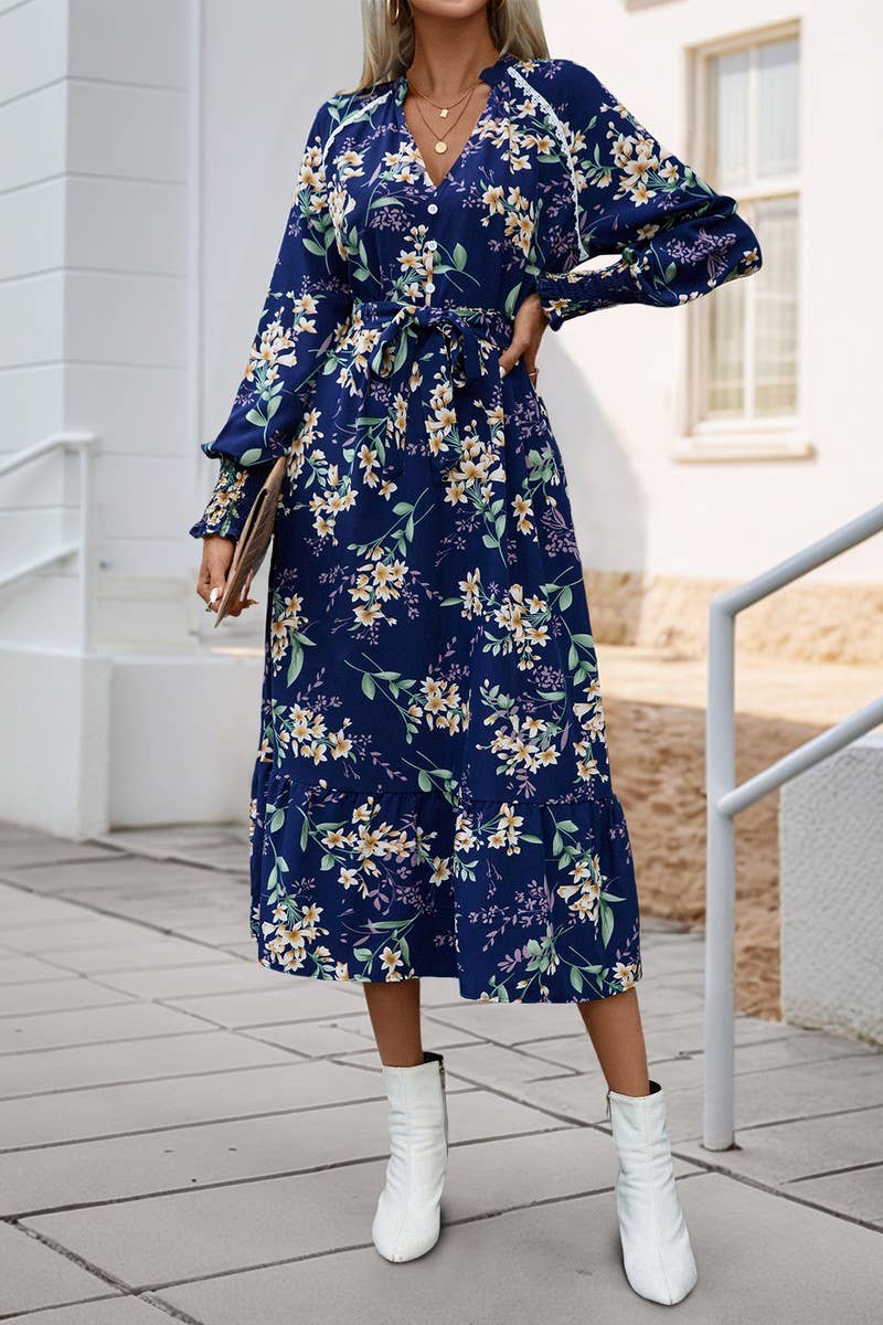 CWDMD01041_V-NECK LONG SLEEVE FLORAL PRINT DRESS