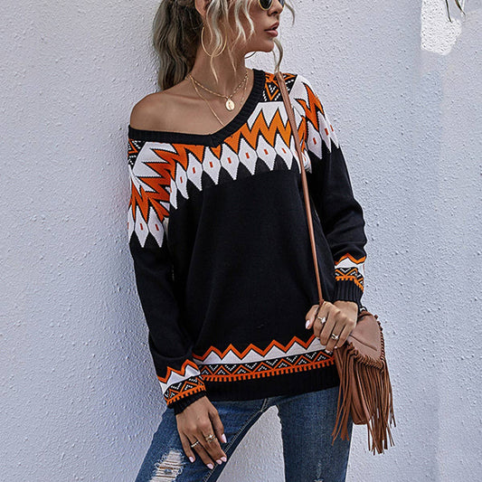 LONG SLEEVE V-NECK SWEATER IN CONTRASTING COLORS