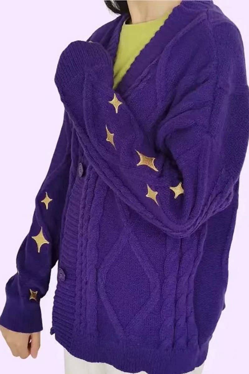 CWOCAL1793_V-NECK STAR EMBROIDERY NEEDLE KNIT CARDIGAN