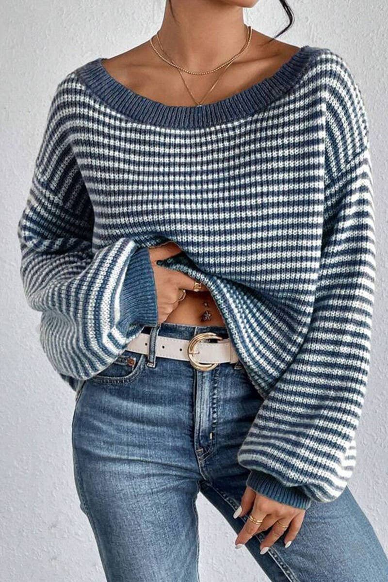 CWOSWL07623_OFF SHOULDER STRIPED KNIT PULLOVER SWEATER