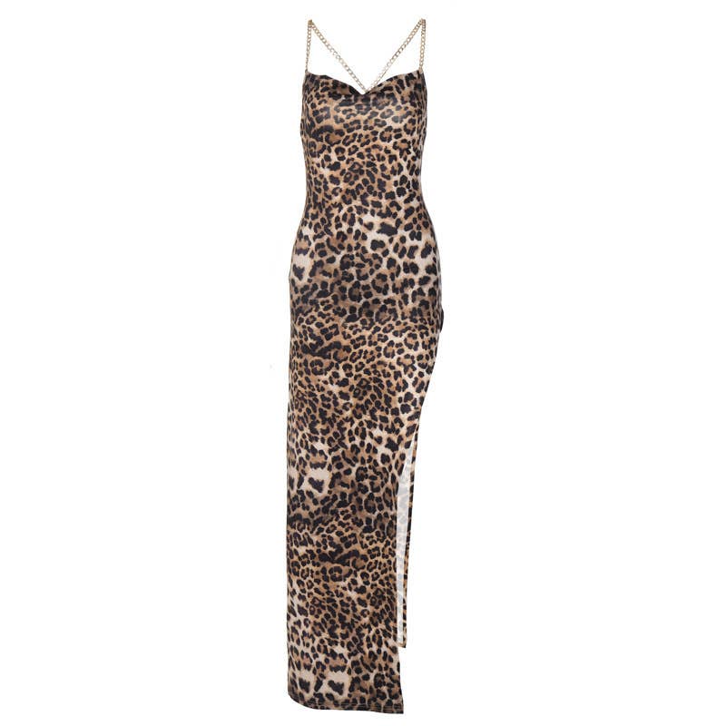 Irregular high-slit fashionable leopard dress