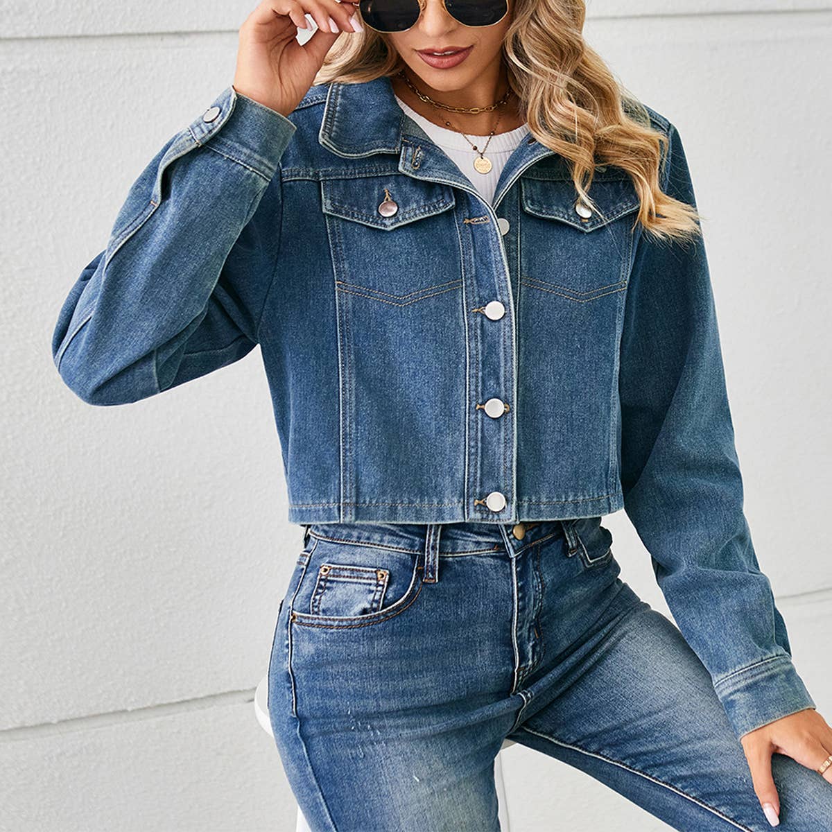 Washed Short Denim Jacket for Women ? Long Sleeve